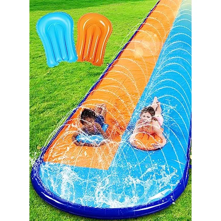Sloosh Doppelte Rasen-Wasserrutsche 22,5ft x 62in mit Sprinkler und 2 aufblasbaren Boards, ideal für Garten und Sommerpartys, hochwertige rutschfeste Oberfläche