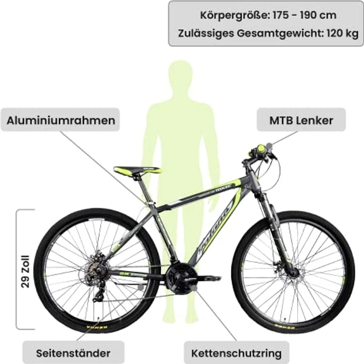 Galano 29 Zoll MTB Toxic/Pulse Mountainbike Scheibenbremsen Shimano Tourney (schwarz/grün) – Bild 2