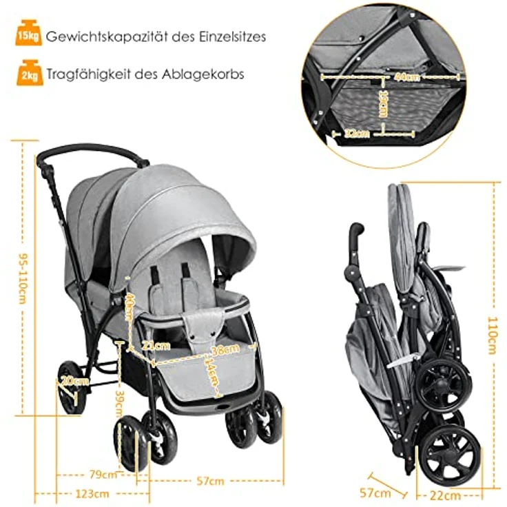 DREAMADE Geschwisterwagen 2 in 1, Doppelkinderwagen baby und kleinkind, Zwillingswagen Faltbar, Babywagen mit Doppelsitz, kinderwagen für 2 kinder, Grau – Bild 7