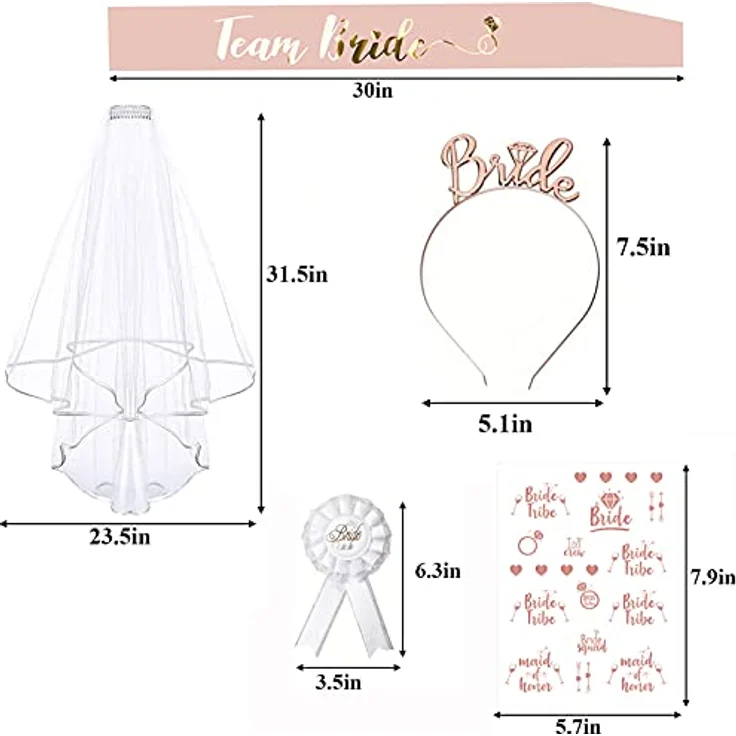 Mytovosn Deko Schärpe Set, 15PCS mit 1 Braut Schärpe, 10 Team Bride Schärpen, Schleier, Tiara, Tattoos und Accessoires für Junggesellinnenabschied, roségold – Bild 2