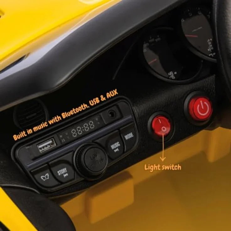 Vrooomy Porsche 718 Spyder RS, Kinder Elektroauto 12V mit Fernbedienung, für 1 bis 5 Jahre, Gelb, MP3-Player, Sicherheitsgurt, LED-Beleuchtung – Bild 8