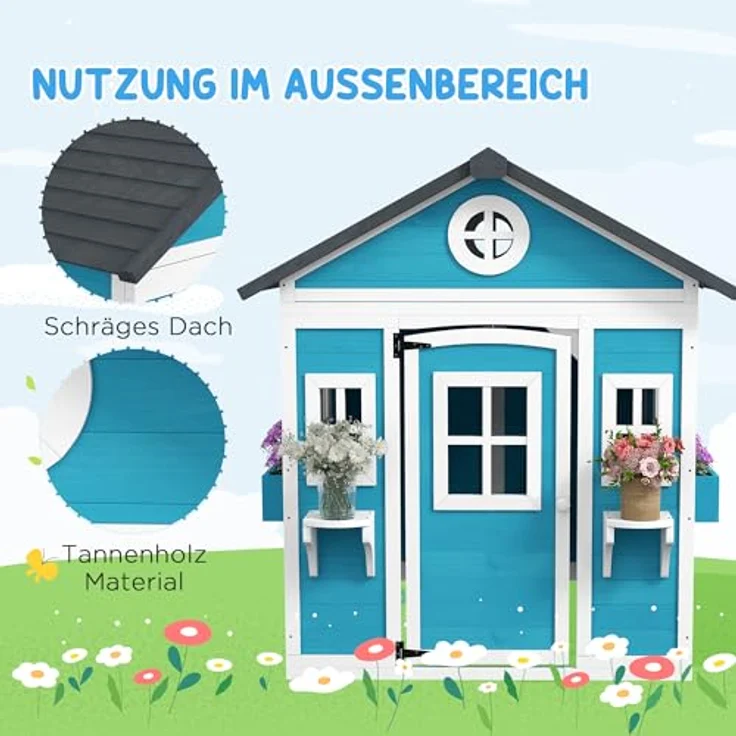 Outsunny Kinderspielhaus aus Holz, Outdoor Spielhaus mit Fenster, Blumenregal und Pflanzenkasten, für Kinder 3-8 Jahre, blau – Bild 4