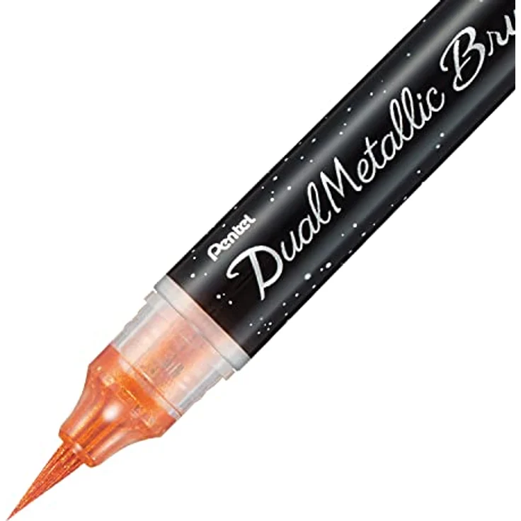 Pentel XGFH-DFX Dual Metallic Brush - Pinselstift gefüllt mit, je nach Papierfarbe, changierender Glitzertinte, Nylonfasern, feiner bis breiter Strich, orange/metallic-gelb, 1 Stück auf Blisterkarte – Bild 3