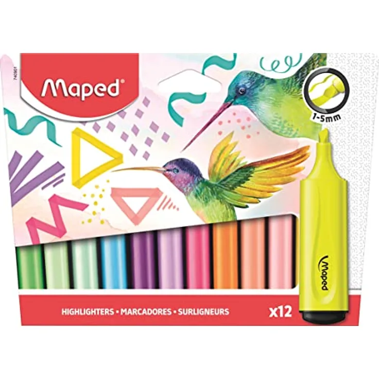 Maped - extra-weiche, flexible Textmarker FLUO PEPS x12 -perfektes Markier-Ergebnis, auch auf unebenen Oberflächen - mit Clip an der Kappe - abgeschrägte Spitze: 1-5 mm Strichstärke