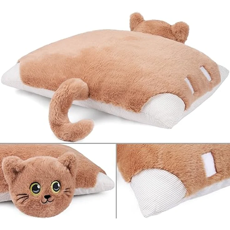 BRUBAKER Kuscheltier Katze - 2 in 1 Plüschtier und Kuschelkissen - 40 x 30 cm Beige Kuschelkatze mit Klettverschluss – Bild 5