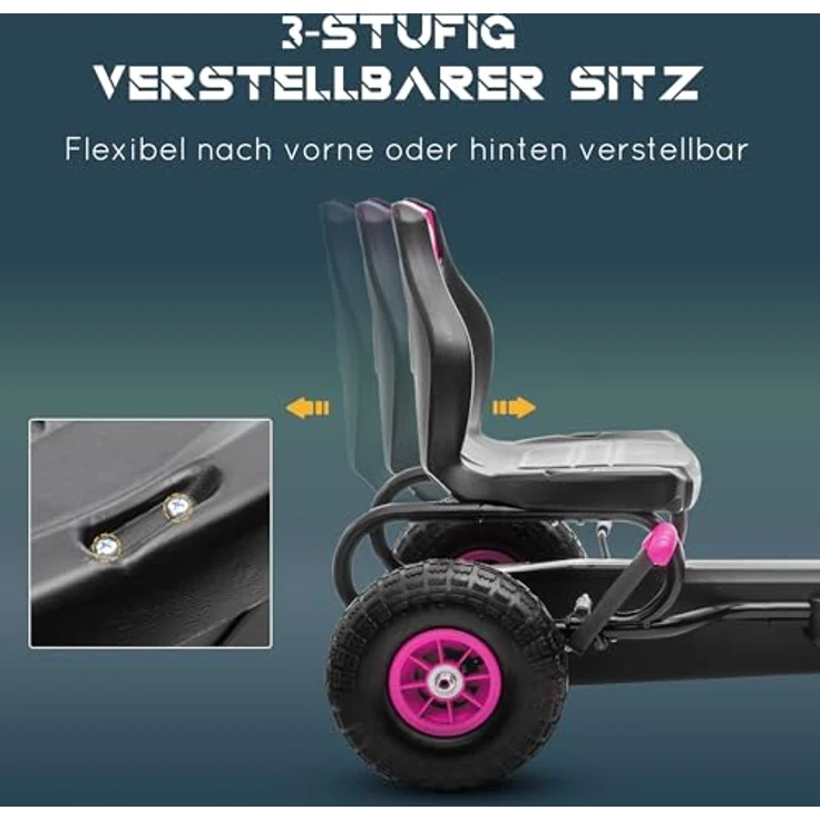 HOMCOM Go-Kart Kinderfahrzeug mit verstellbarem Sitz, Tretfahrzeug, Handbremse, für 5-12 Jahre Kinder, Rosa, Schwarz – Bild 4