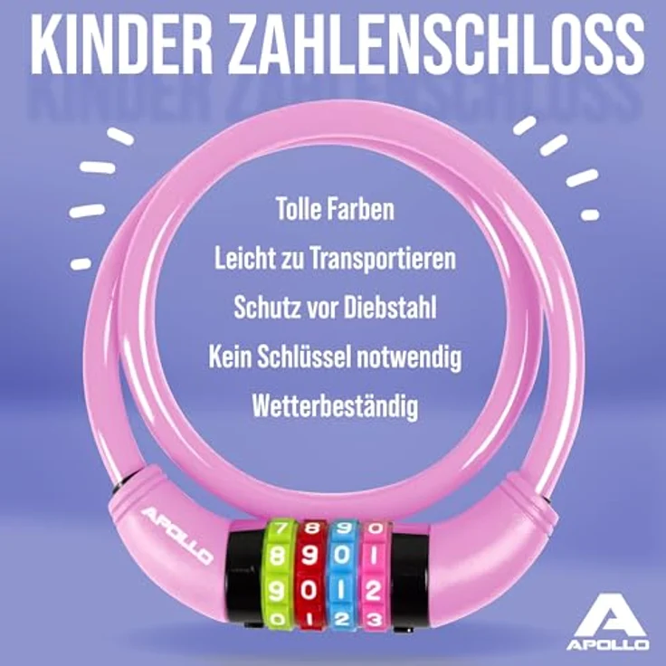 Apollo Kinder Fahrradschloss, Zahlenschloss 650mm, leicht und sicher, rosa – Bild 2