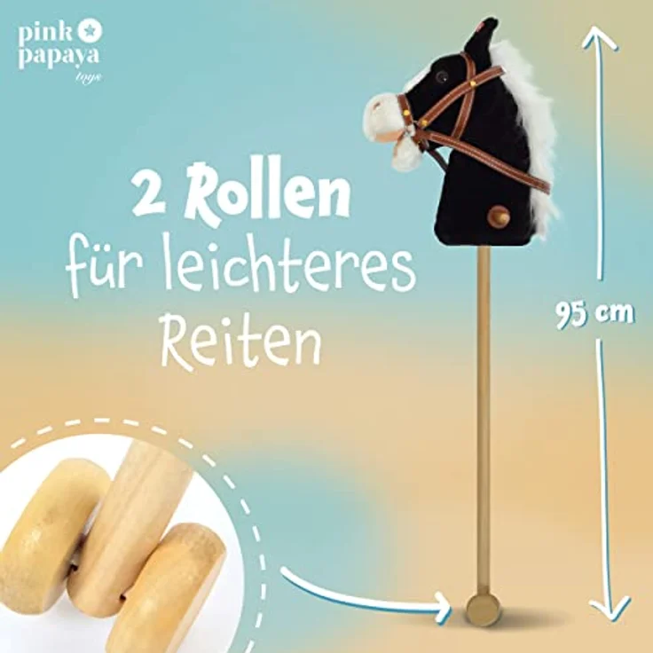 Pink Papaya Steckenpferd, Beauty, süßes Spielzeug Pferd aus Plüsch mit Sound Funktion: Gewieher und Galoppgeräusch - Farbe: schwarz mit weißer Mähne – Bild 6