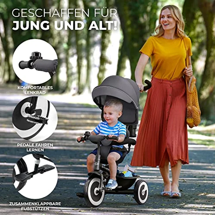 Kinderkraft ASTON Dreirad mit schubstange, drehbarem Sitz und ausklappbarem Verdeck, Grau – Bild 2