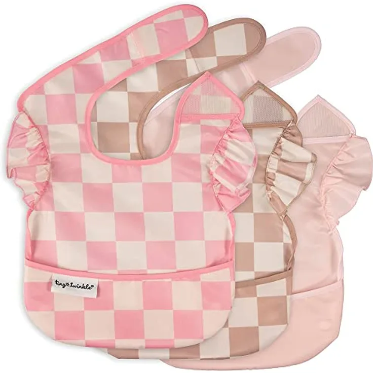 Tiny Twinkle Schmutzfeste Baby-Lätzchen zum Essen, Wasserdichte, Abwischbare Lätzchen für Mädchen, 3er Pack, Kariert, Reisefreundlich, Frei von PFAS, PVC, BPA und Phthalaten