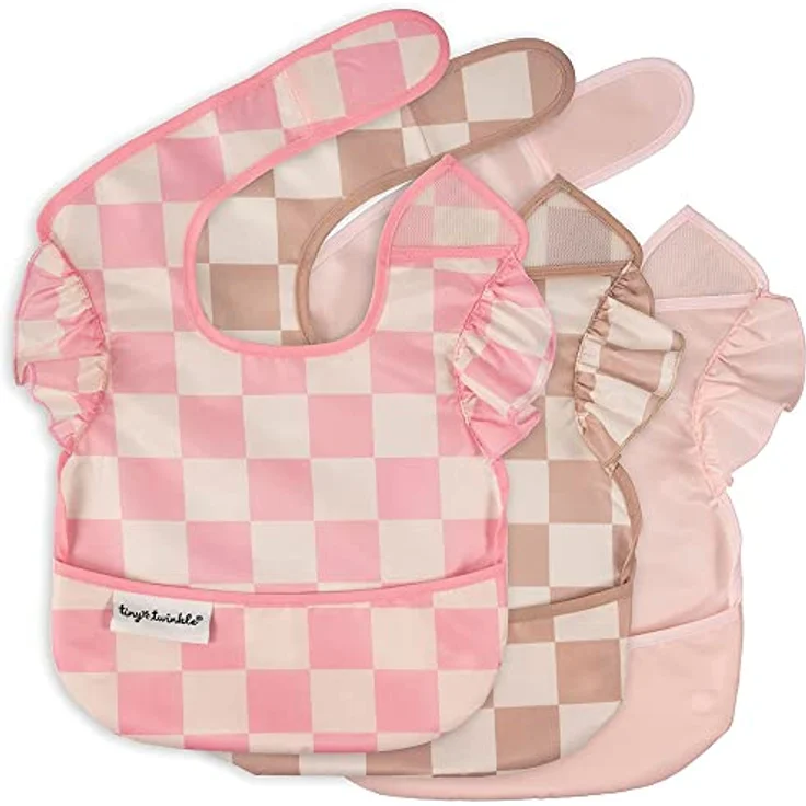 Tiny Twinkle Schmutzfeste Baby-Lätzchen zum Essen, Wasserdichte, Abwischbare Lätzchen für Mädchen, 3er Pack, Kariert, Reisefreundlich, Frei von PFAS, PVC, BPA und Phthalaten – Bild 1
