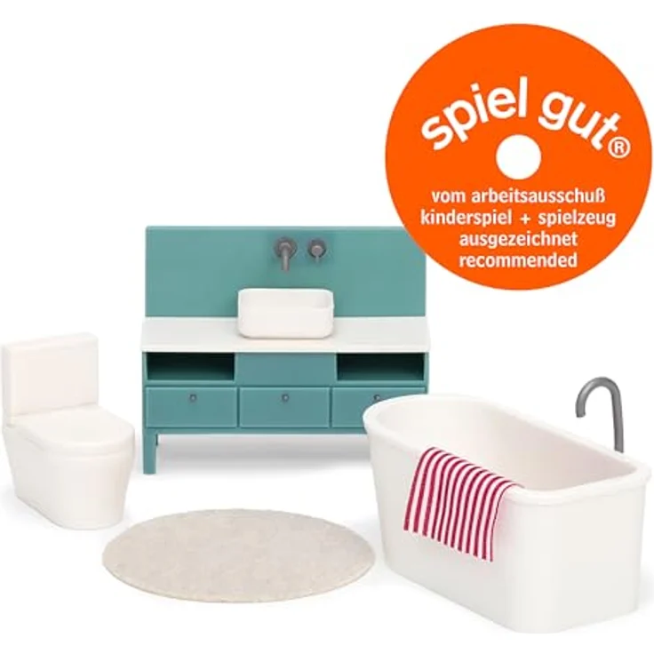 Lundby Puppenhaus Badezimmer Möbel - 5 teilig - Miniatur Toilette, Waschbecken, Teppich und Miniatur Badewanne - Toilette Puppenhaus Möbel Set - Puppenmöbel Puppenhaus Zubehör - 11cm Puppen 1:18 – Bild 8