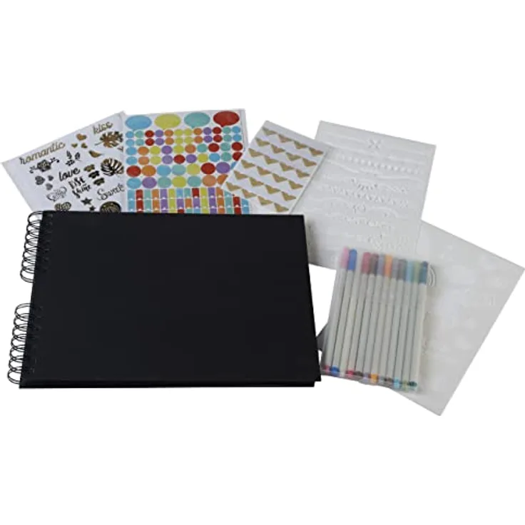 Exacompta16801E Scrapbooking Kit SCRAP-ADDICT spiralgebundenes Album 70 schwarze Seiten Format 32 x 22 cm 2 Schablonen 4 Bögen Sticker 2 Bögen selbstklebende Ecken 12 Filzstifte