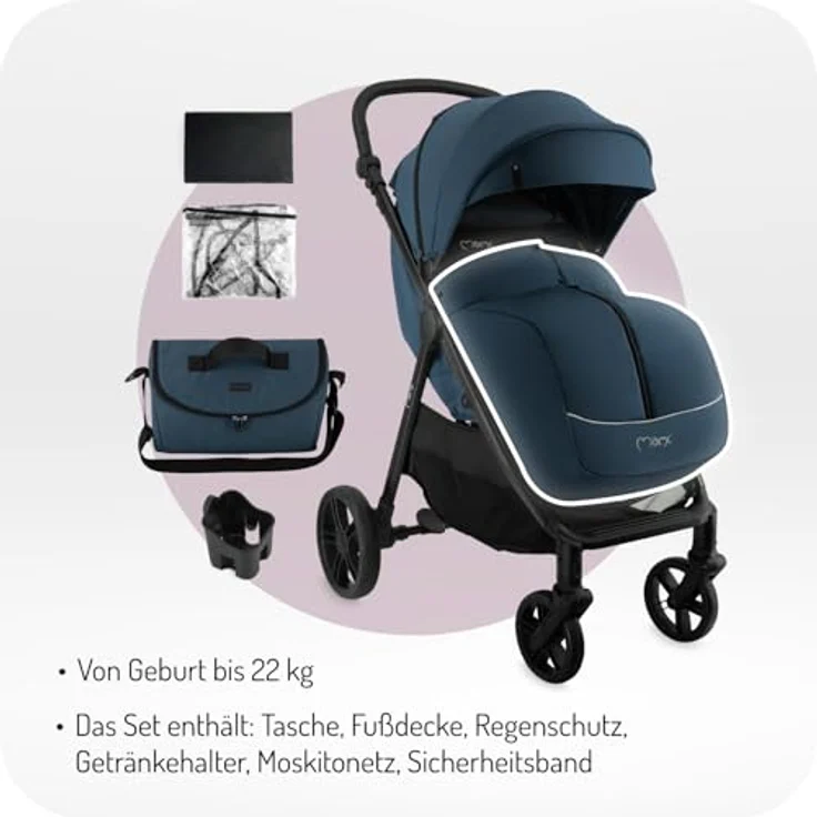 MoMi CLARA Kinderwagen, breiter Buggy in Blau für Kinder bis 22 kg, verstellbarer Schiebegriff, umfangreiches Zubehör – Bild 2