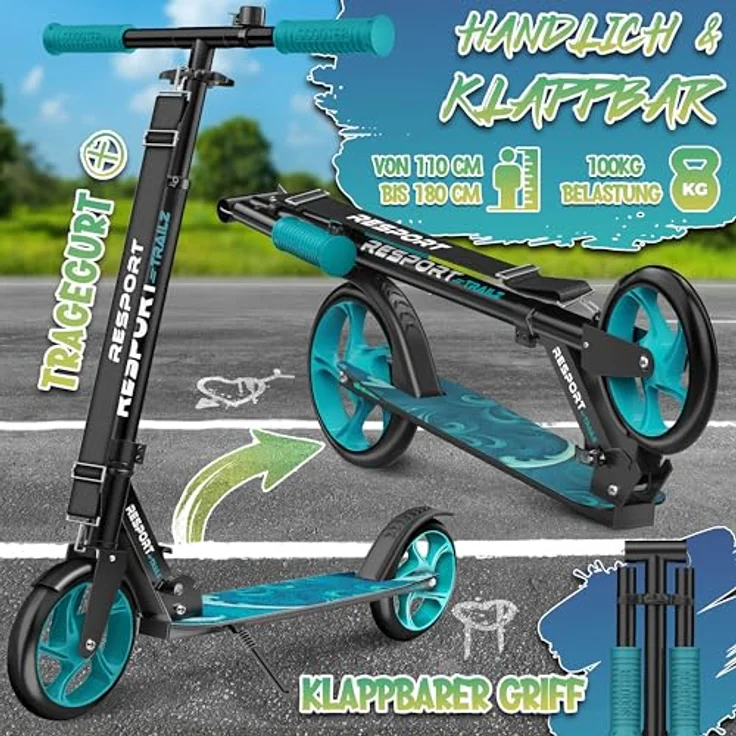 RE:SPORT Cityroller RE:SPORT® Trailz, höhenverstellbarer & klappbarer Scooter mit 200mm Rädern, LED, Klingel und Tragegurt, belastbar bis 100 kg – Bild 2
