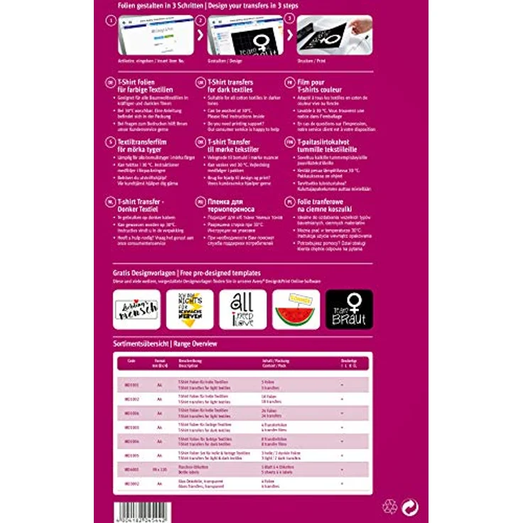 AVERY Zweckform MD1004 8 Textilfolien, T-Shirt selbst gestalten, T-Shirt bedrucken (Bügelfolie, farbige Textilien, DIN A4, bedruckbare T-Shirt Folie zum Aufbügeln, Transferfolie für Inkjet-Drucker) – Bild 2