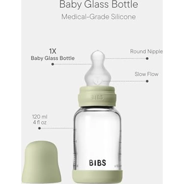 BIBS Baby Glasflasche 120ml, Vermindert Koliken, Runder Silikonsauger, BPA-frei, Hergestellt in Dänemark - Sage – Bild 2