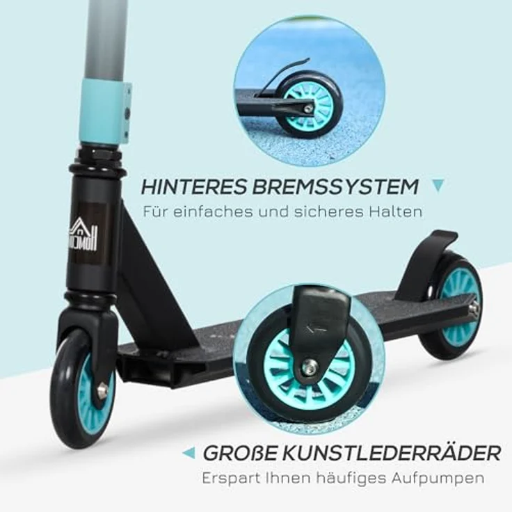 HOMCOM Stunt Scooter mit 360° Lenkung, ABEC 9 Kugellager, 100mm Kunstleder Räder, Tretroller aus Aluminium Stuntscooter bis 100kg belastbar, Kickscooter Trick Roller Funscooter für Kinder ab 14 Jahre, blau – Bild 4