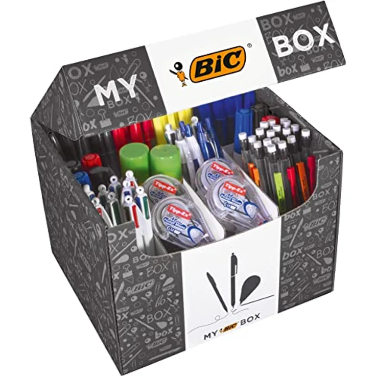 Bic Schreibset MY BOX, farbsortiert mit 75 Kugelschreibern, 8 Textmarkern, 8 Korrekturrollern und praktischer Aufbewahrungsbox
