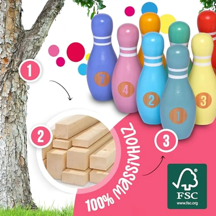 Pink Papaya XL Kegelspiel für Kinder, 12-teiliges Bowling Set aus FSC-zertifiziertem Holz, Indoor & Outdoor Spielzeug, fördert Motorik und Teamgeist – Bild 4