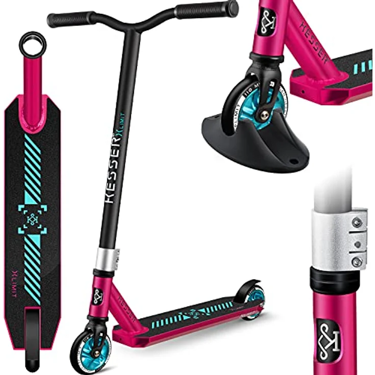 KESSER® Stunt Scooter X-Limit-Pro 360° Lenkung Funscooter Stuntscooter mit Ständer ABEC 9 Kugellagern, 110 mm PU Räder , Kickscooter Tretroller Cityroller Trick Roller für Kinder Erwachsene Pink / Turqouise – Bild 2