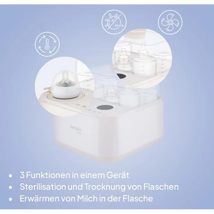 Lionelo SteamUp 3in1 Sterilisator für Babyflaschen, Dampfsterilisator mit Trockner & Flaschenwärmer, 99,99% Keimreduktion, Touchpanel, Abschaltautomatik, BPA-frei, für 4 Flaschen – Bild 2