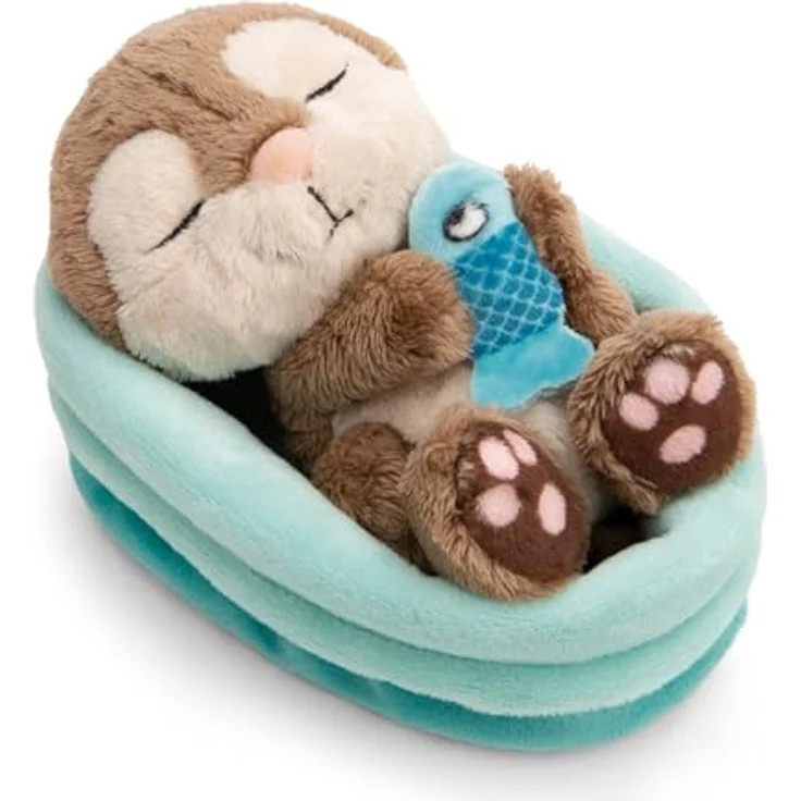 NICI Kuscheltier Otter mit Fisch, 12 cm, schlafend im Körbchen, braun-beige, aus weichem Plüsch – Bild 1