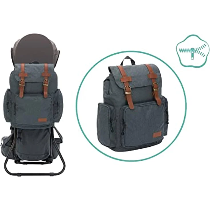 Fillikid Rückentrage Adventure, ergonomische Rückenbabytrage mit abnehmbarem Tagesrucksack, integrierter Sonnen- und Regenschutz, Farben: Frost Blue und Desert Beige – Bild 6