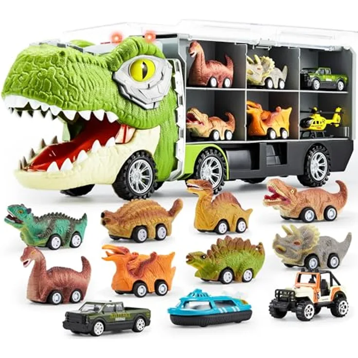 JOYIN Dinosaurier Spielzeug-Set, 13 Stück mit Autotransporter, 12 Zurückziehbaren Dino-Fahrzeugen, Musik, Sound und Lichtern, Hubschrauber für Kinder
