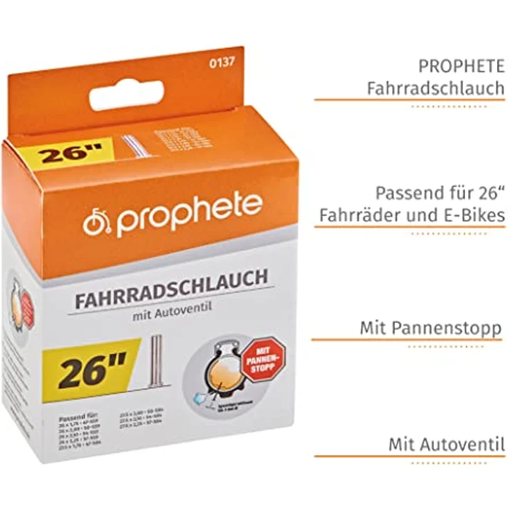 Prophete Fahrradschlauch 26 Zoll / 27,5 Zoll | Autoventil | Pannenstopp | ETRTO 47-559, 50-559, 54-559, 57-559, 47-584, 50-584, 54-584, 57-584 | geeignet von 26 x 1,75 Zoll bis 27,5 x 2,25 Zoll – Bild 4