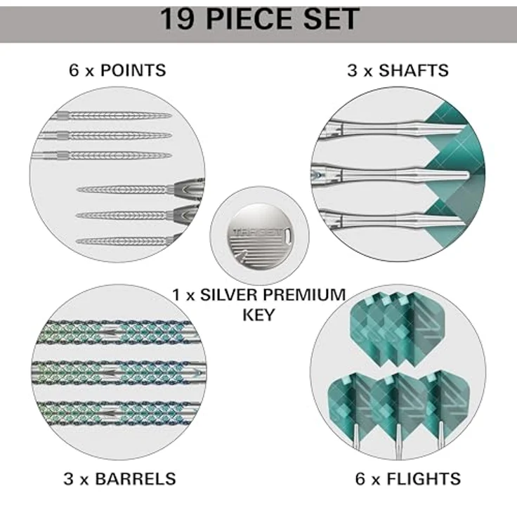 Target Darts Rove Swiss Point Steeldarts, 90% Tungsten Dart-Set, Barrel 01-22G | Steeldarts-Set, Grün & Silber, Profi Dart-Set mit Swiss Points & Tool – Bild 5