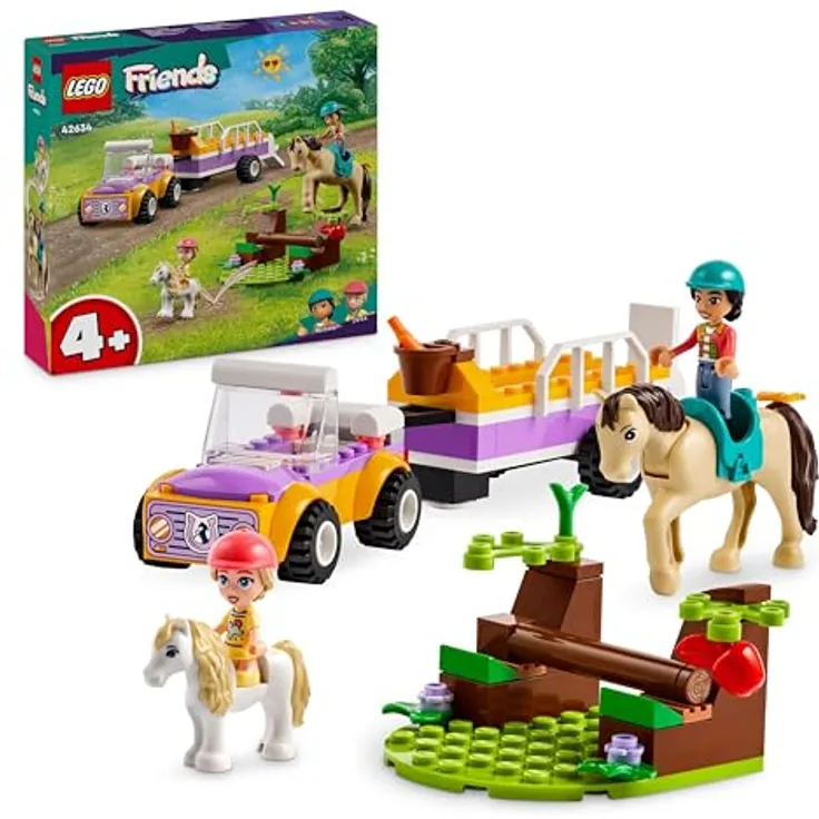 LEGO Friends Pferde- und Pony-Anhänger, Pferde-Spielzeug für Mädchen und Jungen mit Auto und Figuren, Mini-Puppen-Set mit Liann, Zoya und 2 Tierfiguren, Geschenk für Kinder 4 Jahren 42634