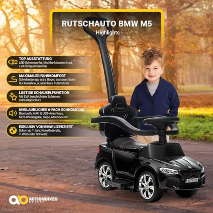 Actionbikes Motors BMW M5 Lauflernwagen, 3-in-1 Rutschauto mit Schiebestange und Soundmodul, sicher und bequem für Kinder ab 1 Jahr, Weiß – Bild 2