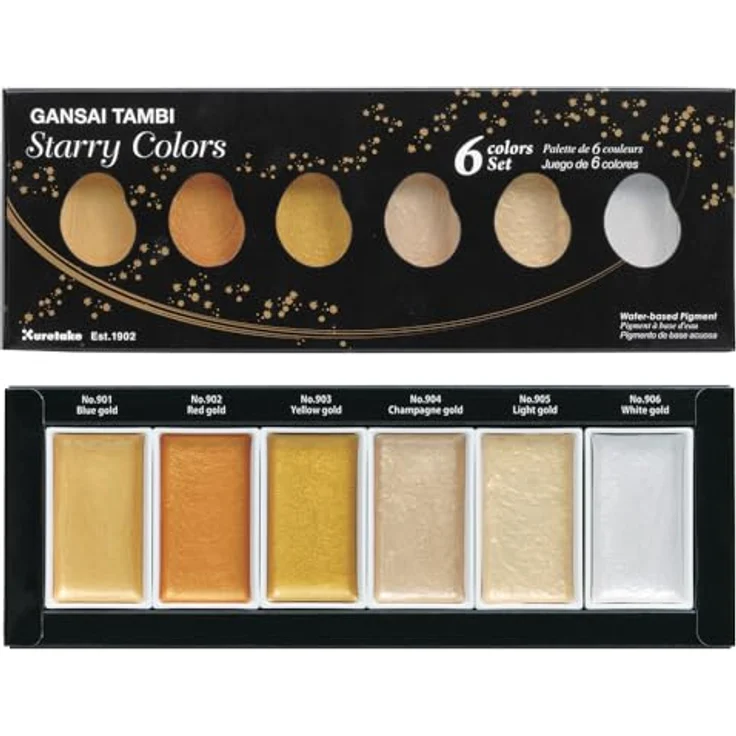 Kuretake Gansai Tambi Starry Colors Set, 6 Farben in Goldperle für Kalligraphie und Illustration – Bild 1