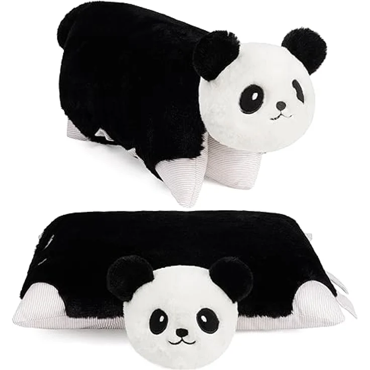BRUBAKER Kuscheltier-Kissen Panda - 2 in 1 Plüschtier und Kuschelkissen 40 x 30 cm - Schwarz Weiß - aufklappbares Kinder Plüschkissen mit Klettverschluss – Bild 1