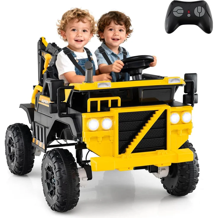 GOPLUS Kinder Elektro Bagger, 24V Aufsitzbagger in Gelb und Schwarz, 2 Sitzplätze, Schaufel, Musik, LED-Lichter, Fernbedienung für 3-8 Jahre