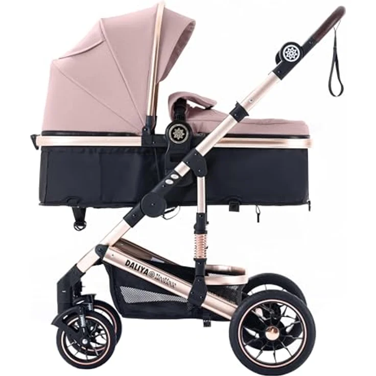 Daliya® NEOMOVE 2in1 Kombi-Kinderwagen, Buggy mit klappbarer Babywanne und Sportsitz, große pannensichere Räder, stufenlos verstellbare Rückenlehne, leichter Alu-Rahmen, großer Einkaufskorb, Gold-Rosa – Bild 1