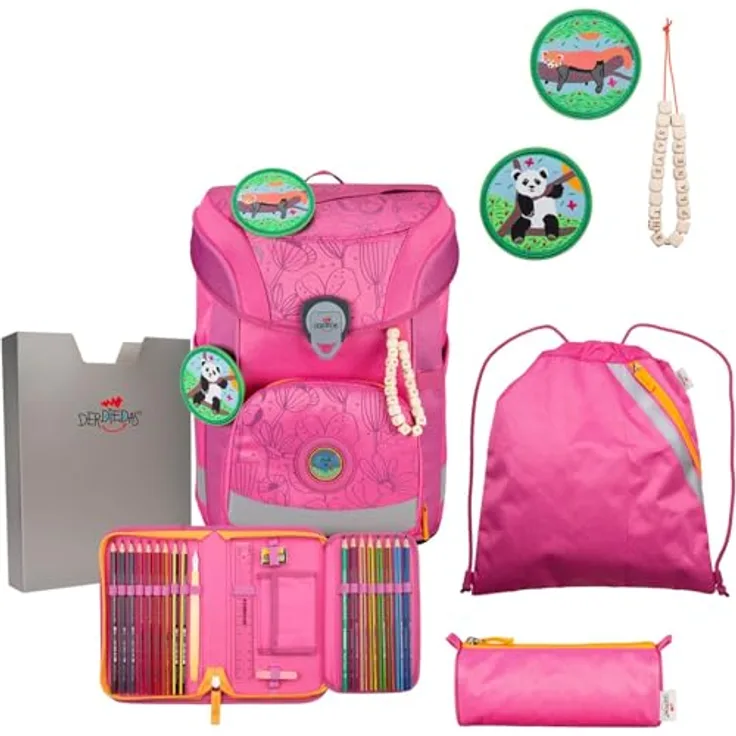 DerDieDas ErgoFlex Easy Exklusiv Neon Schulranzenset 5-teilig Pink Planet, Schulranzen-Set mit ergonomischem Rücken und stilsicherem Design