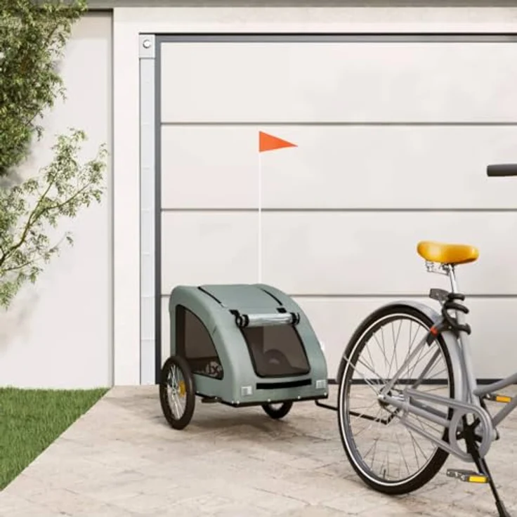 vidaXL Fahrradhundeanhänger Hunde Grau Oxford-Gewebe und Eisen, PVC-Dach und Reflektoren – Bild 2