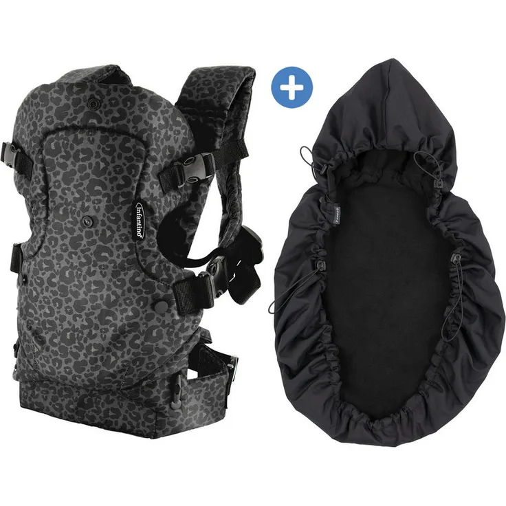 Infantino BKids Babytrage Flip Advanced, 4-in-1 Bauch- und Rückentrage in Leopard Black Print, für Babys von 3,6-14,5 kg, inkl. Regenschutz