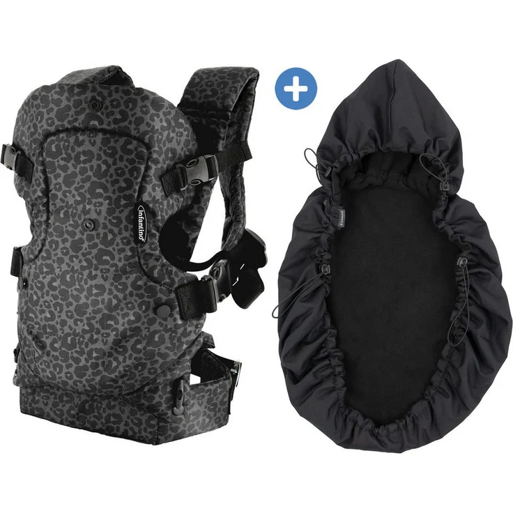 Infantino BKids Babytrage Flip Advanced, 4-in-1 Bauch- und Rückentrage in Leopard Black Print, für Babys von 3,6-14,5 kg, inkl. Regenschutz