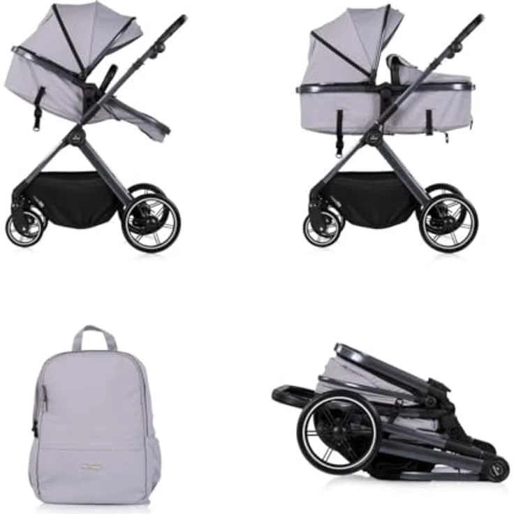 Chipolino Kombikinderwagen Pearl 2 in 1, umbaubar mit Fußsack, Rucksack und Federung, grau – Bild 4