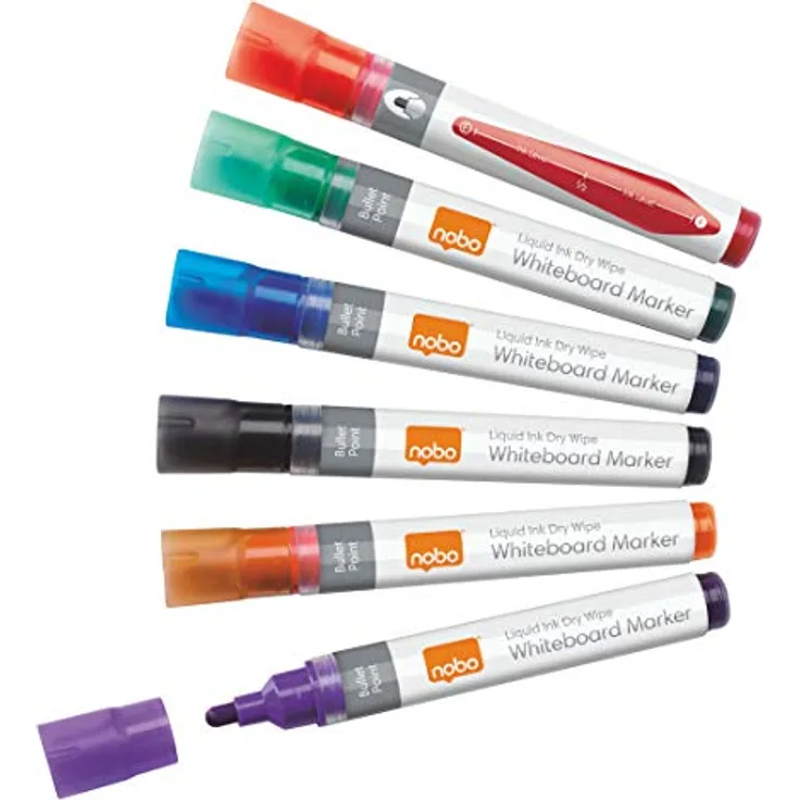 Nobo Liquid Ink Whiteboardmarker-Set, 6 Stück, Feine 3 mm Rundspitze, Mehrfarbig, 1901419