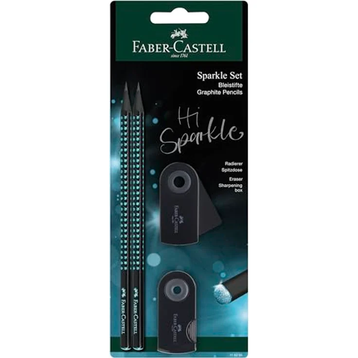 Faber-Castell 118295 Schreibset Sparkle Midnight Ocean, 2 Bleistifte mit Härtegrad B, Radierer und Anspitzer