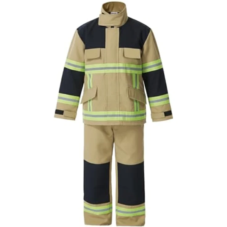 Maskworld Realistisches sandfarbenes Feuerwehrmann-Kostüm für Kinder, 2-teilig mit Jacke und Hose, Größe 104, Verkleidung Karneval und Halloween – Bild 5