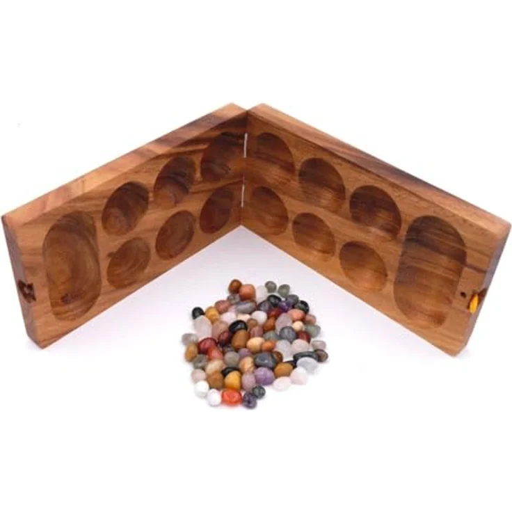 ROMBOL Kalaha - hochwertiges Steinchenspiel für 2 Personen inkl. Spielsteinen, Holzspiel mit 72 Stück Strategie-Spielsteinen, Modell:1 – Bild 3