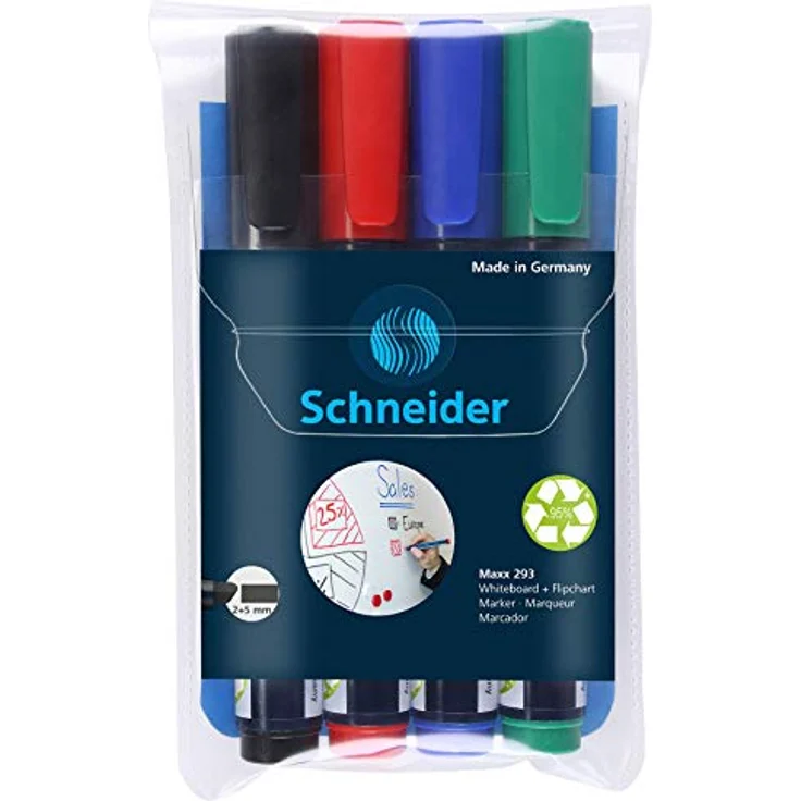 Schneider Maxx 293 Marker (für Whiteboards und Flipcharts, Keilspitze 2 + 5 mm Strichstärke, rückstandsfrei trocken abwischbar, hohe Qualität, kräftig und farbintensiv) Etui mit 4 Farben - Preisvergleich – Bild 2