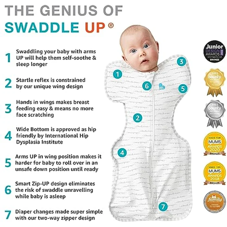 Love To Dream™ Swaddle UP™, Einschlagdecke für Babys, Enge Passform, 0,2 Tog für Frühling & Sommer (24–27°C), Baumwolle, Weiß, Größe Medium (6–8,5 kg) – Bild 5