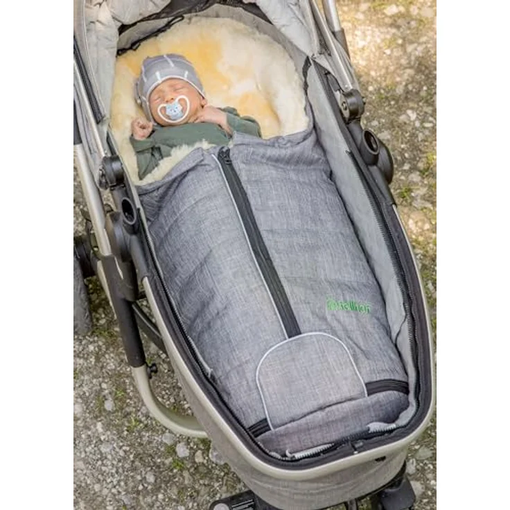 Fellhof Kinderwagenfellsack GASTEIN, 100% Merino-Lammfell, beige melange, wind- und wasserabweisend, für Babyschale bis 12 Monate, Kapuzenfunktion, ÖkoTex-zertifiziert – Bild 5