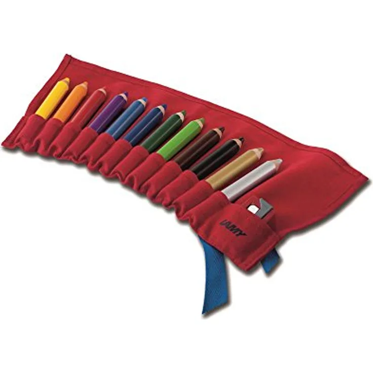 LAMY 3plus Farbstifte 520 12er-Set: Farbstiftrolle mit 12 Farbstiften + Spitzer. Stifte aus Zedernholz mit ergonomischer Form und hoher Farbbrillanz – Extradicke Mine Ø 10 mm, Farbstift Ø 15 mm